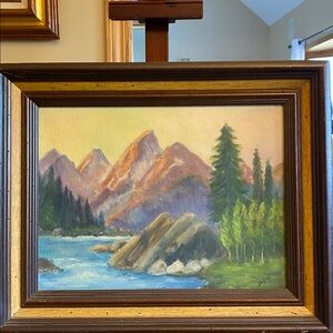 Central Oregon River and Mountains Scene Mid Century Oil Painting